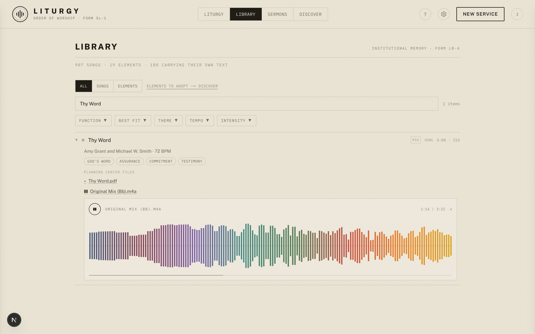 A song playing inside Liturgy, drawn as a spectrum from dark low frequencies to bright high ones